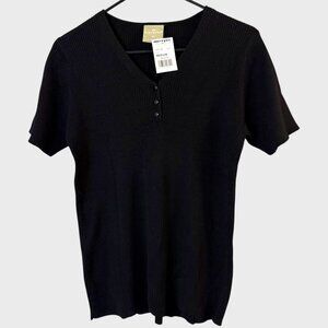 Vintage Mervyn's Partners Rib-Knit V-Neck Shirt Top Black Women's Medium New